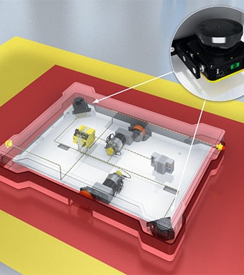 The safety system of the KIRA B 50 autonomous cleaning machine with two diagonally mounted nanoScan3 safety laser scanners provides perfect all-round protection.