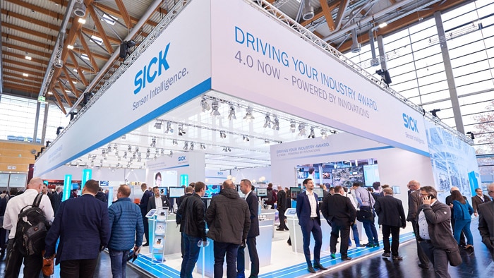 Visitors can explore the SICK booth across 4 topic routes: Industry 4.0, Mobile Applications, Safety or Robotics