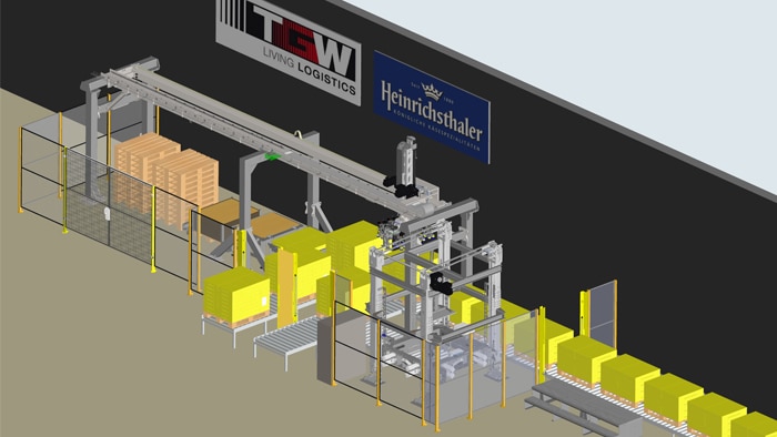 TGW gantry robots in action for the Heinrichsthaler Milchwerke customer project. Safe material feed and discharge implemented with Safe Entry Exit