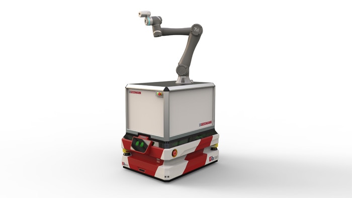 A milling machine can be individually loaded and unloaded in combination with the Gb350 automated guided vehicle, meaning different parts can be processed.