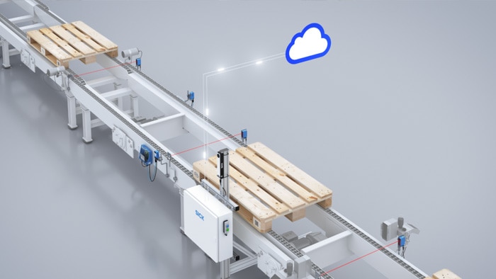 A pallet is scanned on an automated conveyor.